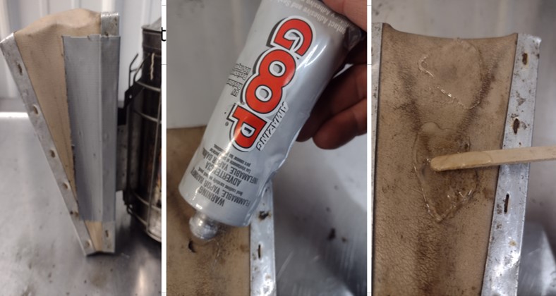 A smoker patched with tape and Goop being applied to a smoker hole.